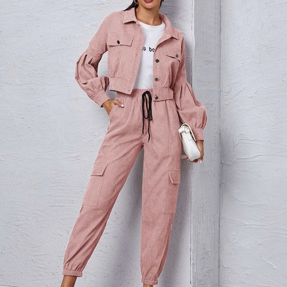 Dusty Pink Boho Womens Corduroy Flap Detail Jacket With Tie Front Cargo Pants - Picture 1 of 5